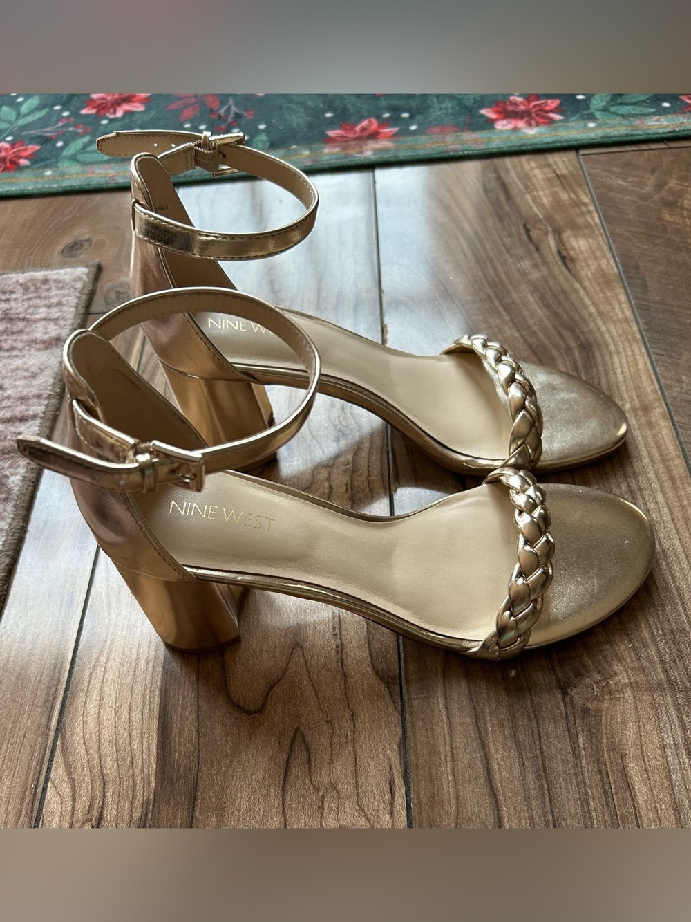 Nine West Saria Metallic Gold Braided Ankle-Strap Block Heels Size 9M